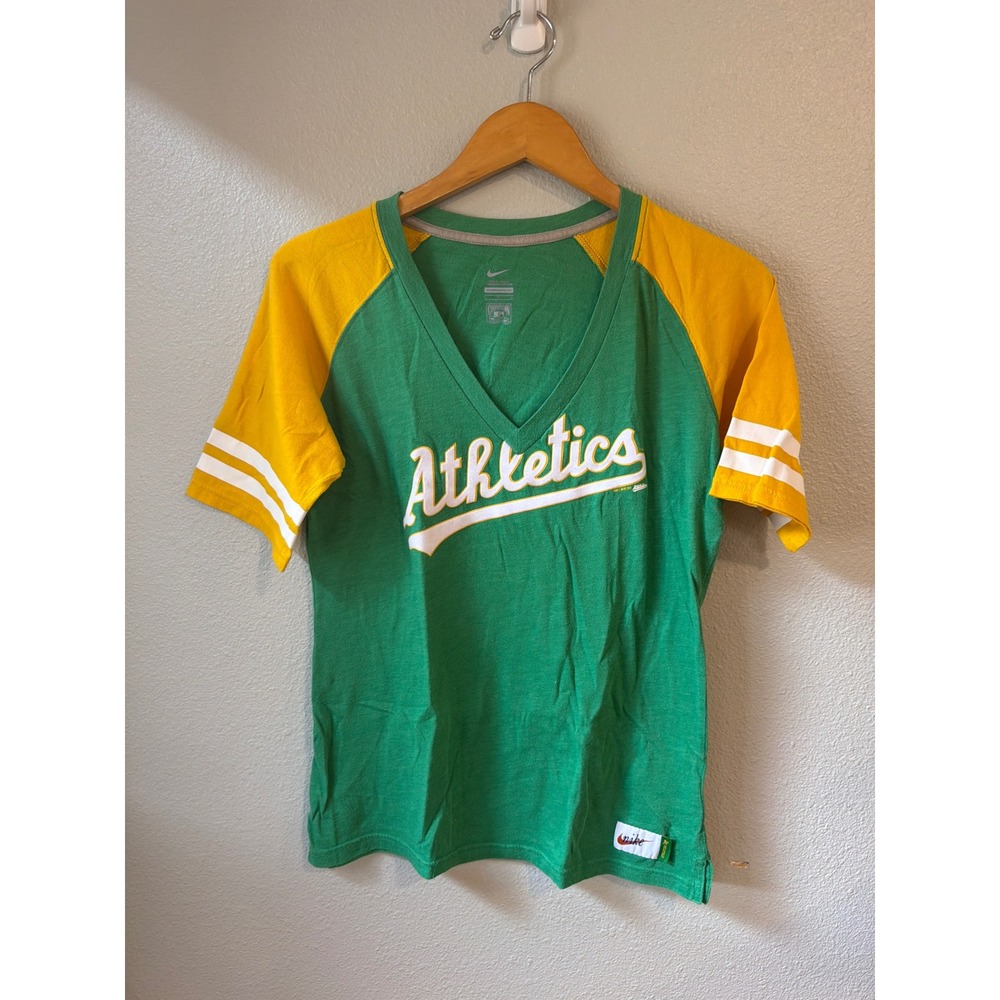 Nike Oakland Athletics T-Shirt Womens Large Green Yellow Raglan MLB Cooperstown